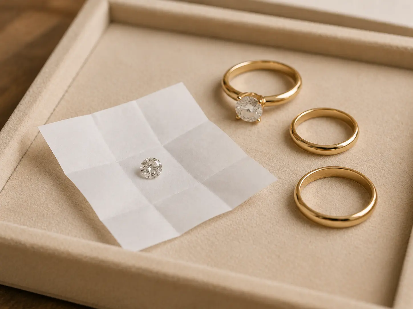 Ein loser Diamant, mit einer Pinzette gehalten, neben einem Verlobungsring